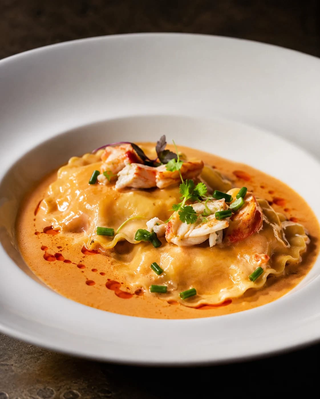 Crab ravioli in shellfish bisque — The Private Table