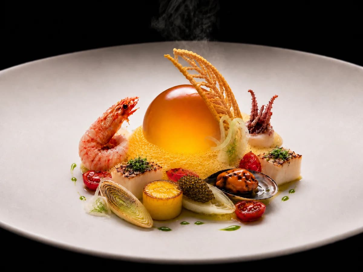 Bouillabaisse sphere — Gulf seafood, saffron, smoke