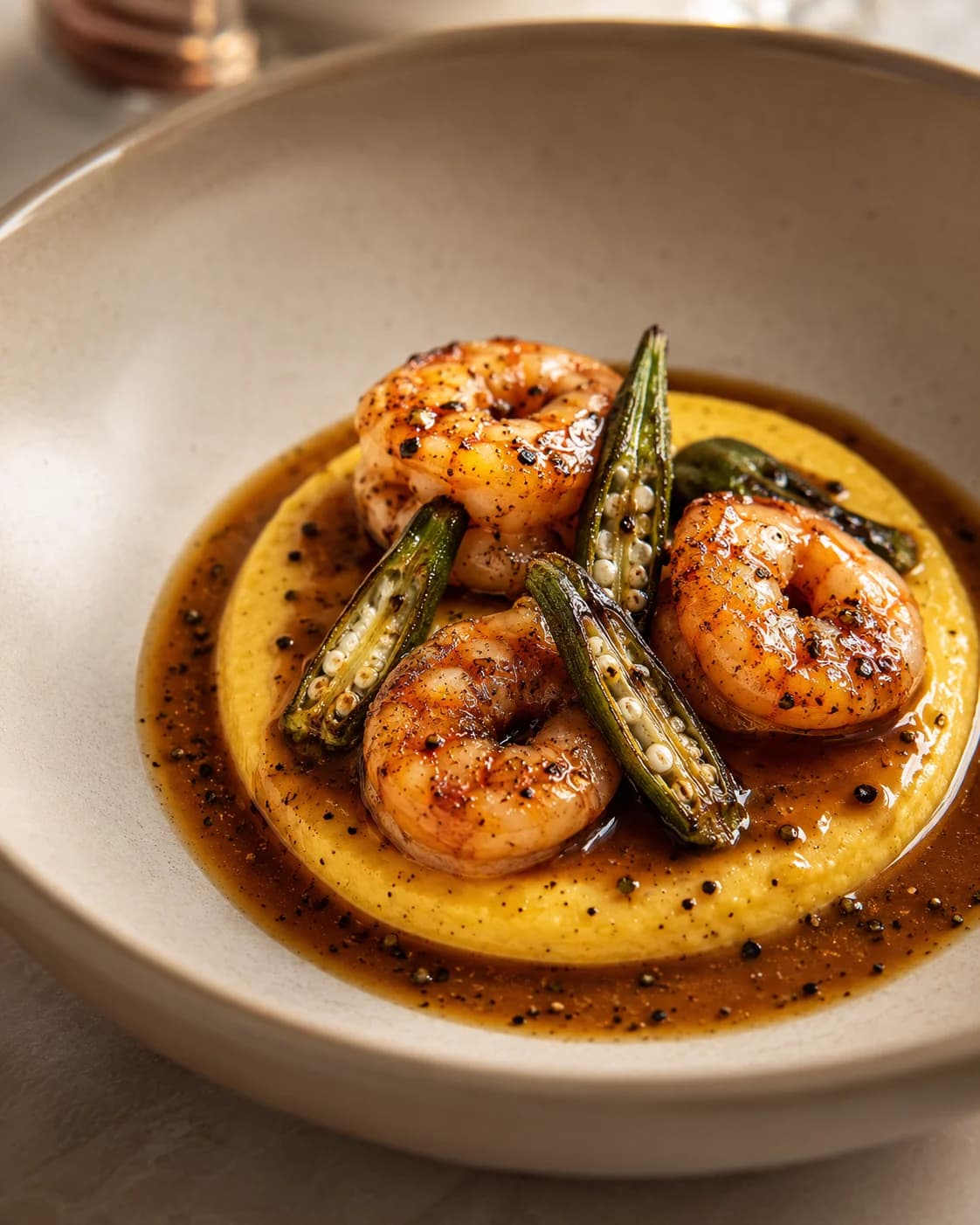Gulf brown shrimp, corn royale, charred okra